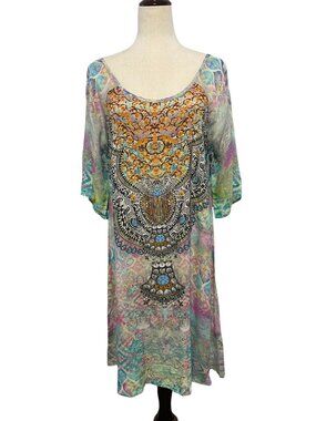 Women's 100% Silk Boho Inoa Australia Seychelles Slit Sleeve Dress One Size NWT